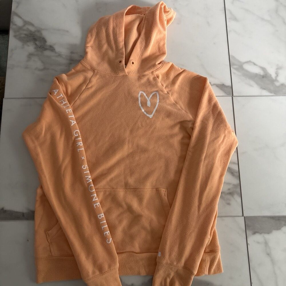 Athleta Girl Simone Biles Fleece Hoodie Sweatshirt Peach Orange Heart Graphic XL